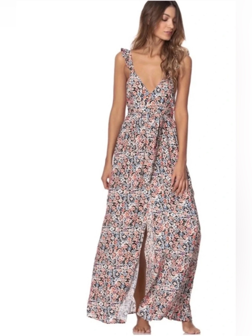 Maaji V-Neck Tie Back Flutter Strap Maxi Dress NWOT